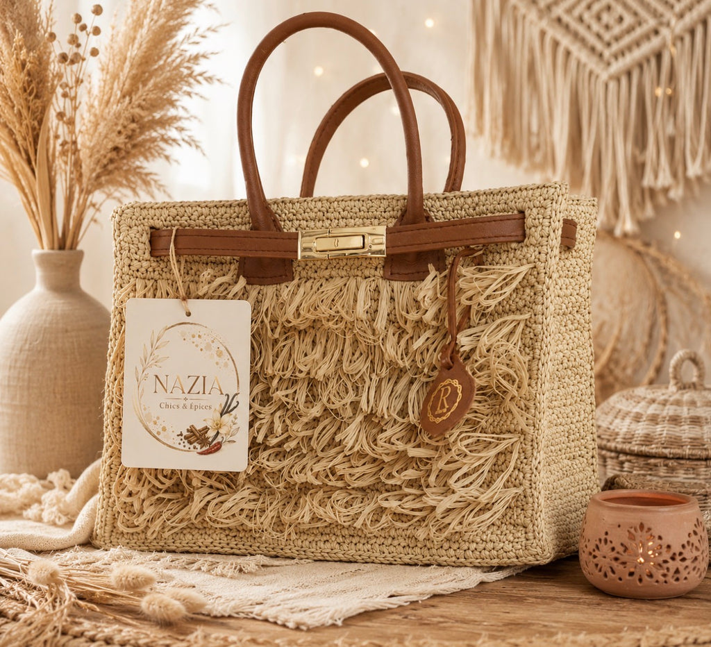 Sac Cabas Bohème à Franges en Raphia - Sac à Main Fait Main