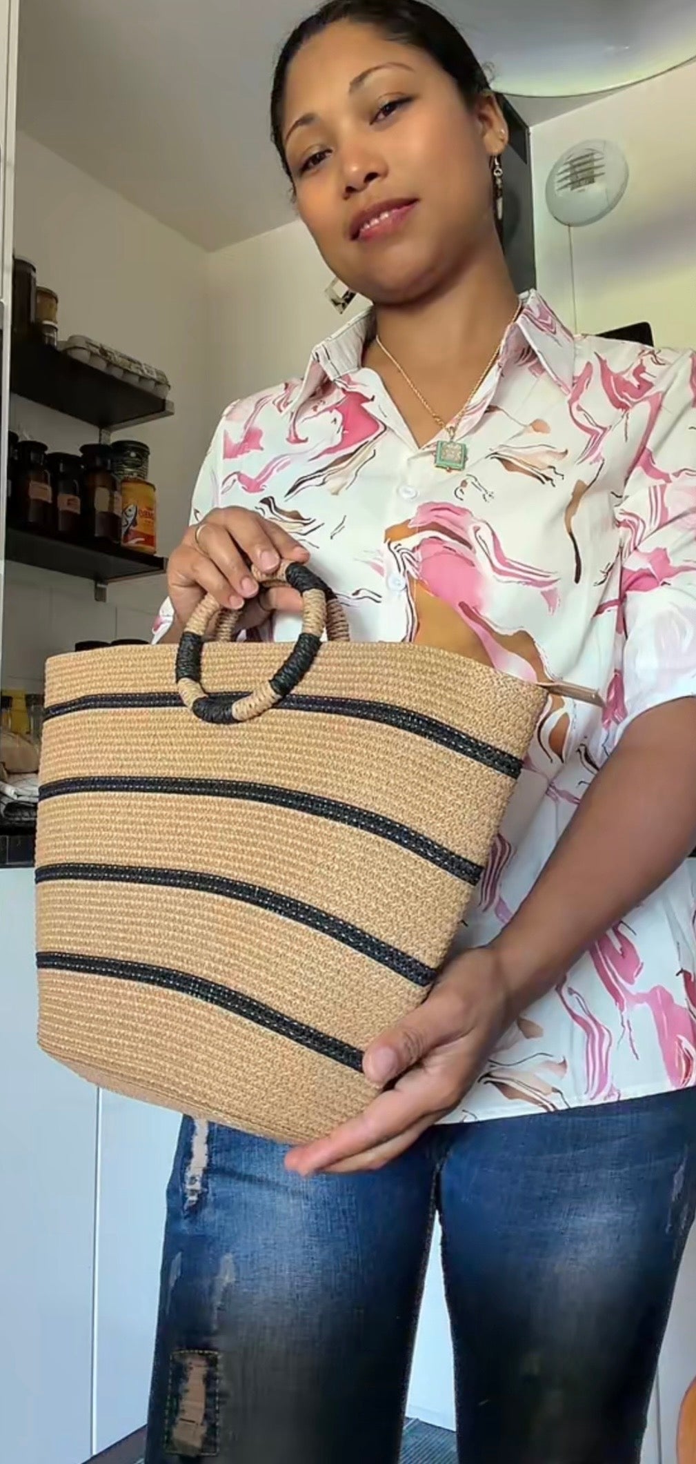 Grand Sac Cabas de Plage Graphique – Anses Rondes & Rayures Marines