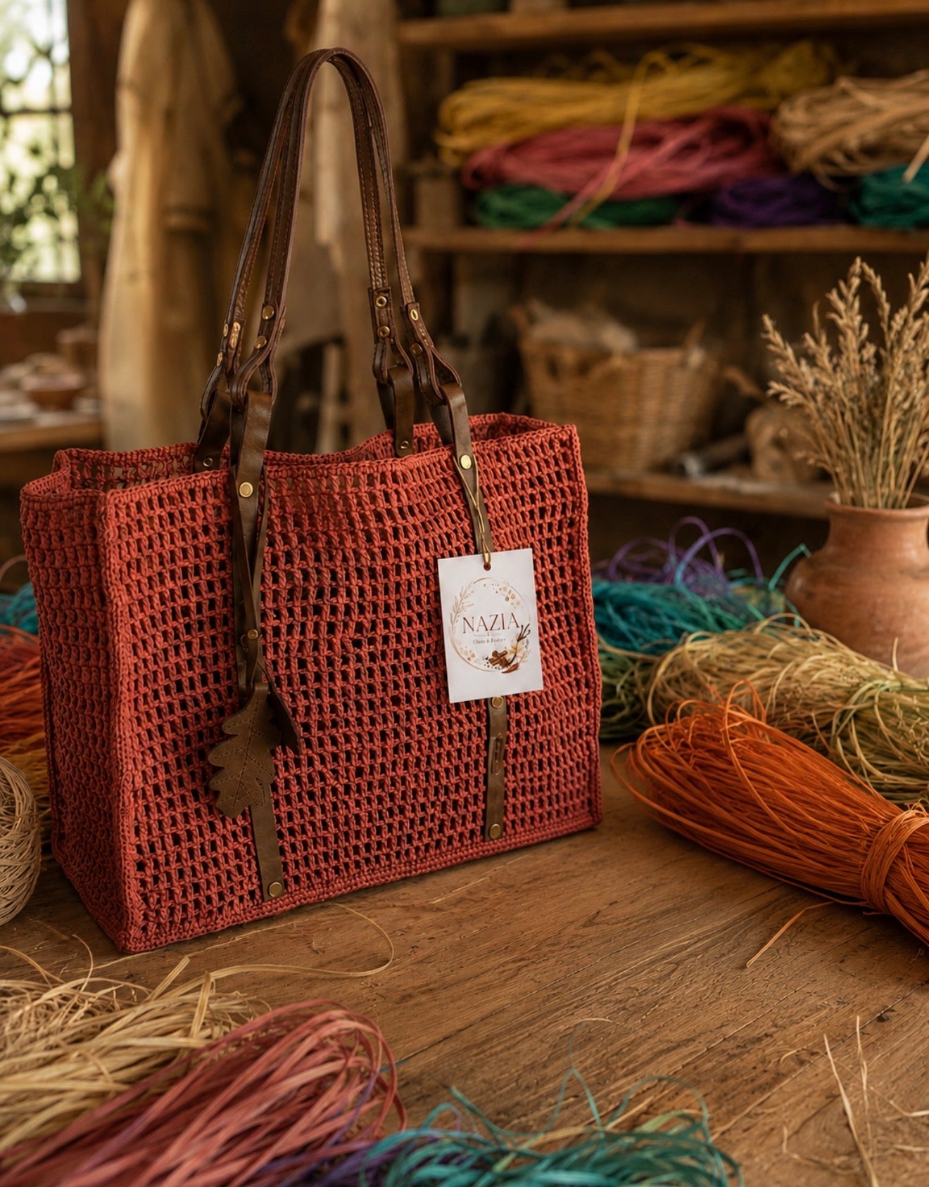 Sac Cabas Bohème Ajouré en Raphia Terracotta et Cuir - Fait Main Madagascar