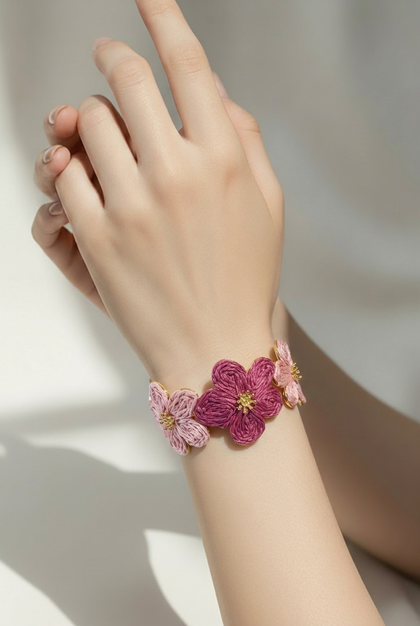 Parure "Éclat Botanique" : Bracelet Manchette & Boucles d’oreilles Fleurs en Raphia Rose