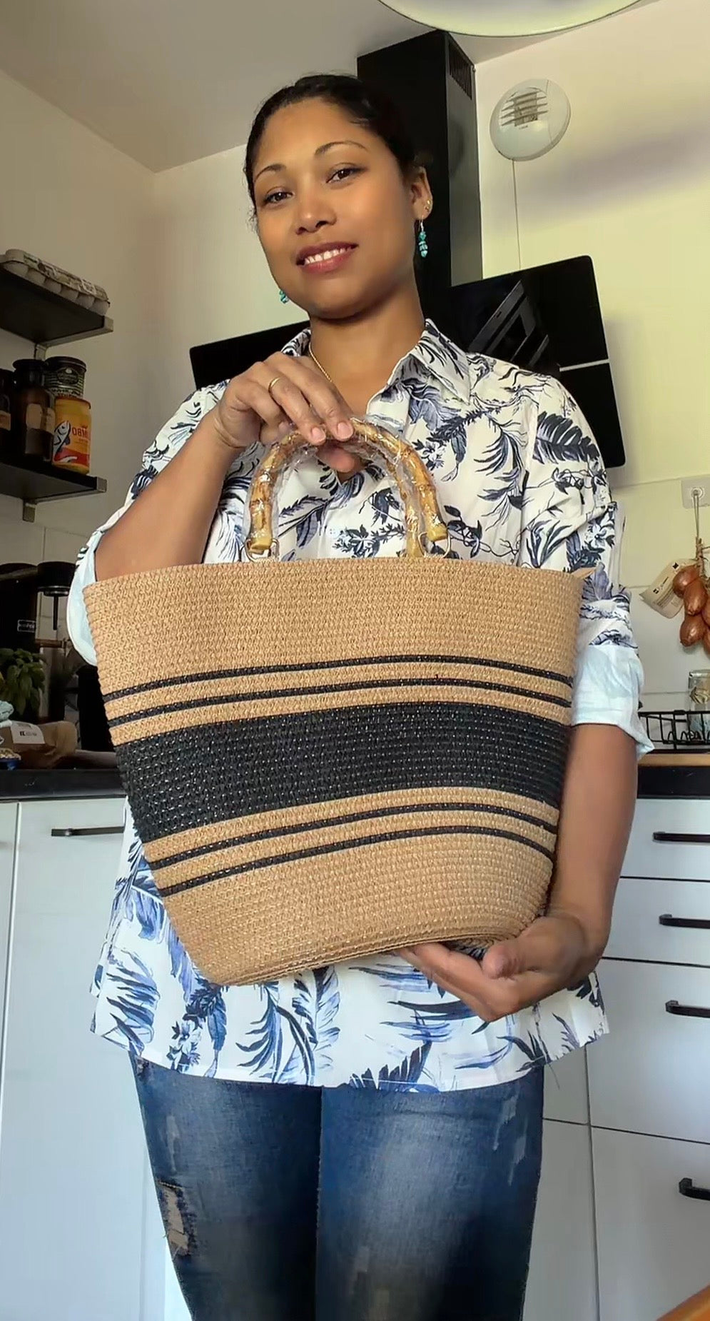 Sac Cabas de Plage Bohème Chic – Anses Effet Bambou & Rayures Noires