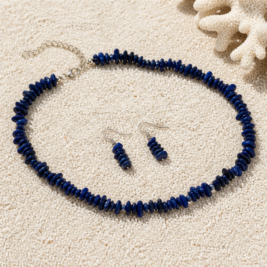 Parure Collier et Boucles d'Oreilles en Pierres Naturelles Bleu Nuit