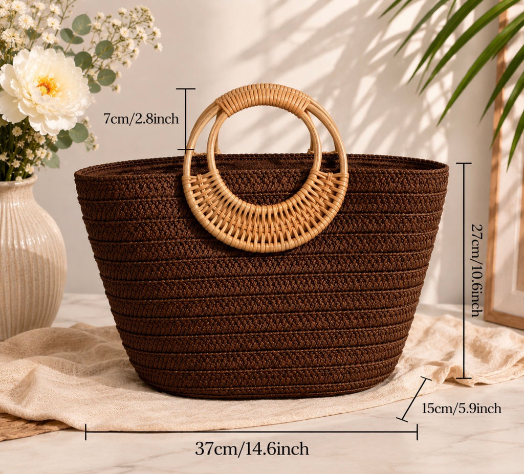 Sac Panier en Paille Tressée Chocolat – Anses Sculpturales en Rotin