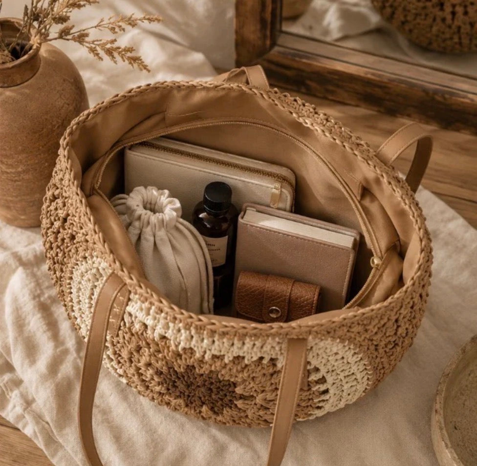 Pack Privilège "Soleil d'Été" – Sac Cabas Tressé et Boucles d'oreilles Coordonnées