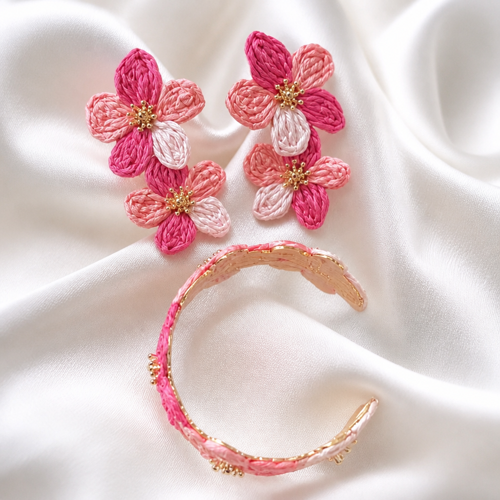 Parure "Éclat Botanique" : Bracelet Manchette & Boucles d’oreilles Fleurs en Raphia Rose
