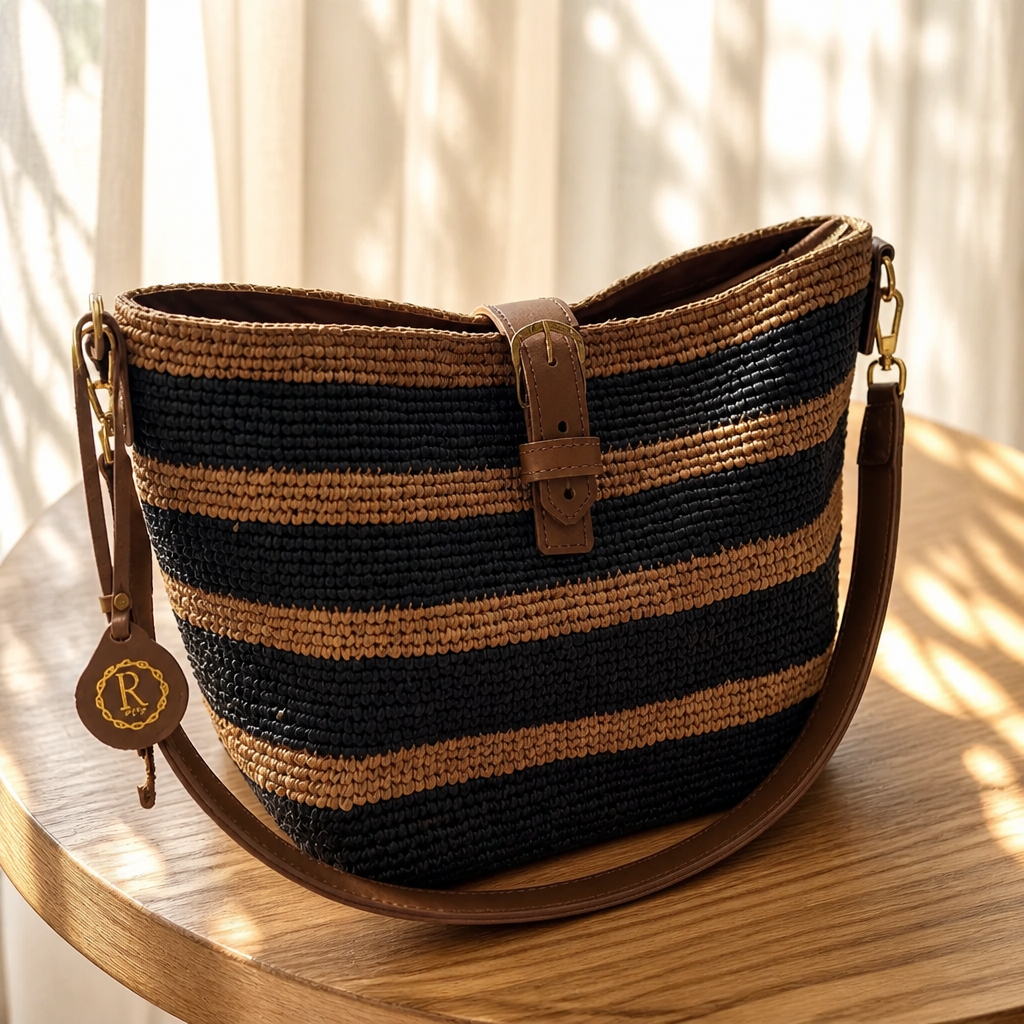 Sac Seau Artisanal Rayé en Raphia et Cuir Véritable de Vachette
