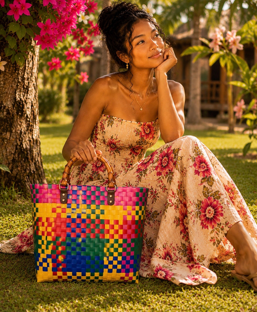 Grand Cabas Tressé Multicolore « Exotique Chic » – Anses en Bambou