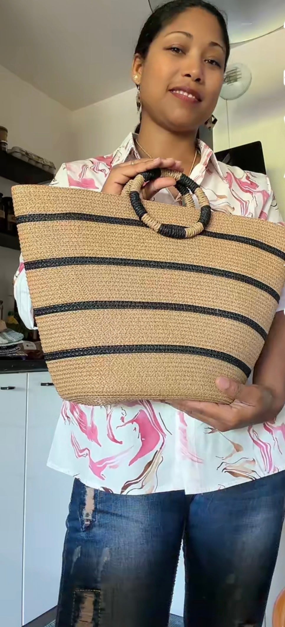Grand Sac Cabas de Plage Graphique – Anses Rondes & Rayures Marines