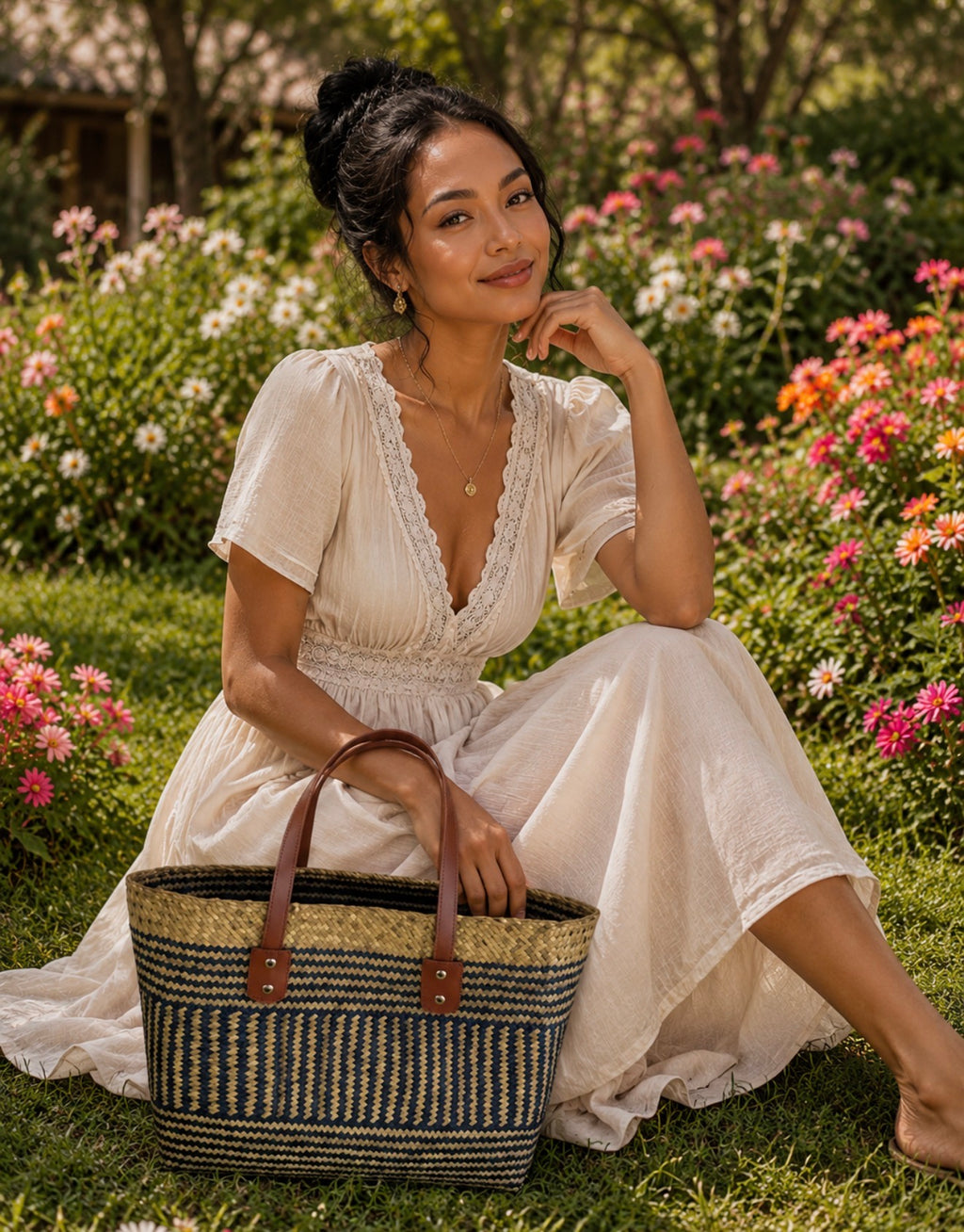 Grand Sac Cabas Bohème Chic – Tressage Bicolore & Anses Cuir