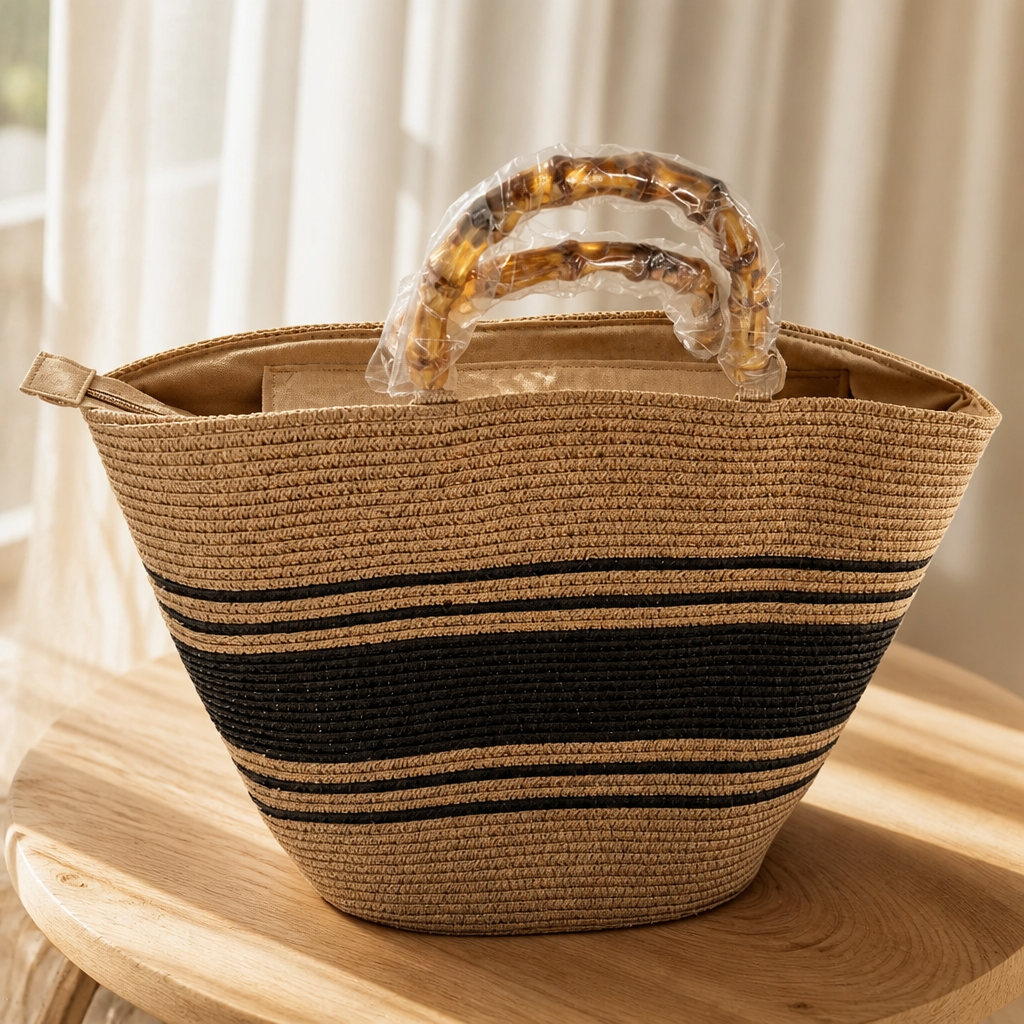 Sac Cabas de Plage Bohème Chic – Anses Effet Bambou & Rayures Noires