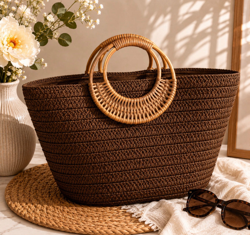 Sac Panier en Paille Tressée Chocolat – Anses Sculpturales en Rotin