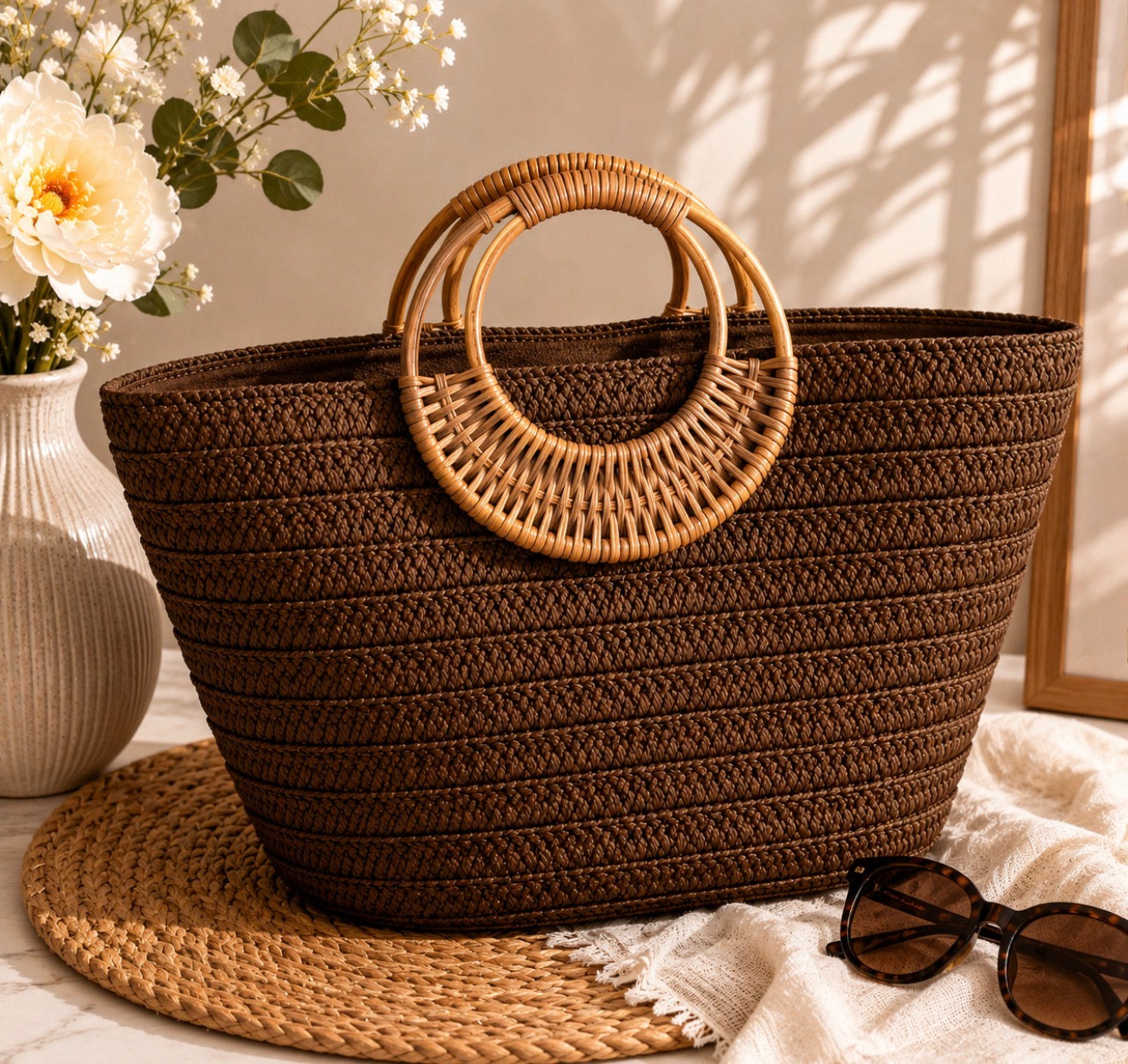 Sac Panier en Paille Tressée Chocolat – Anses Sculpturales en Rotin