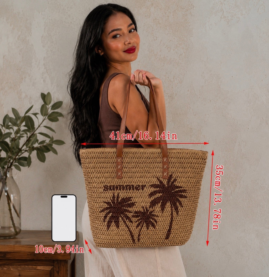 Grand Sac Cabas Tressé "Summer Palms" – Style Bohème Chic