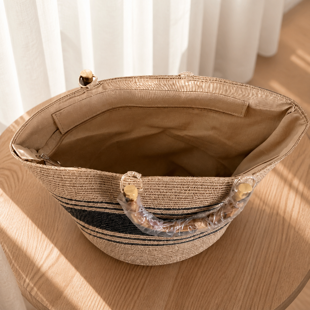 Sac Cabas de Plage Bohème Chic – Anses Effet Bambou & Rayures Noires