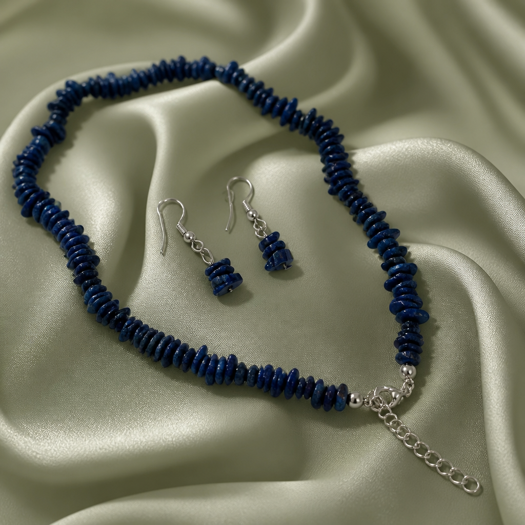 Parure Collier et Boucles d'Oreilles en Pierres Naturelles Bleu Nuit
