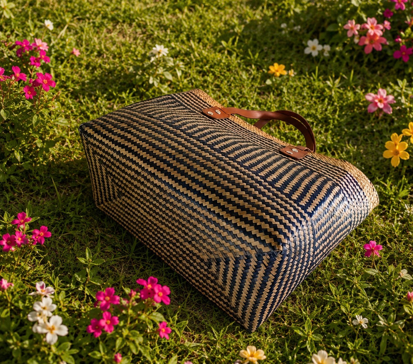 Grand Sac Cabas Bohème Chic – Tressage Bicolore & Anses Cuir