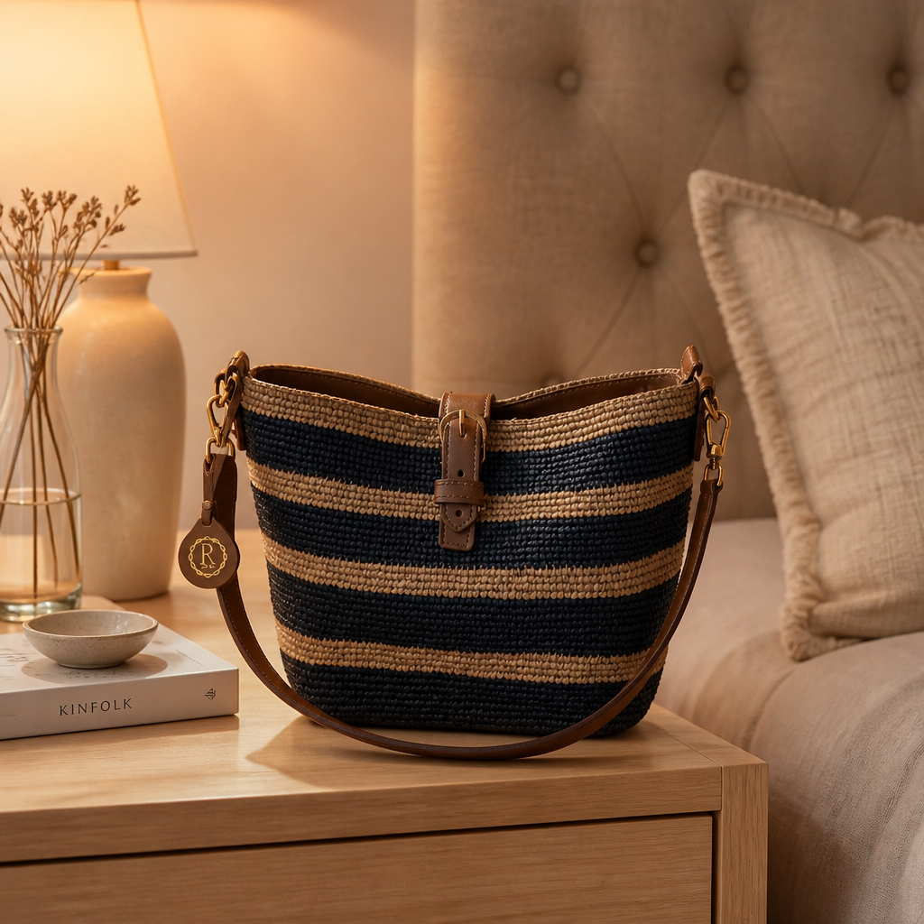 Sac Seau Artisanal Rayé en Raphia et Cuir Véritable de Vachette