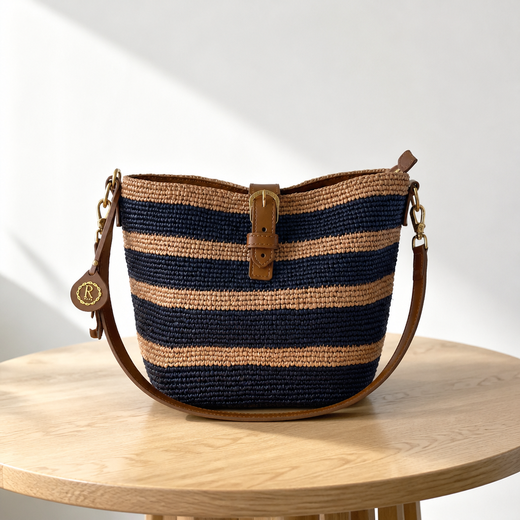 Sac Seau Artisanal Rayé en Raphia et Cuir Véritable de Vachette