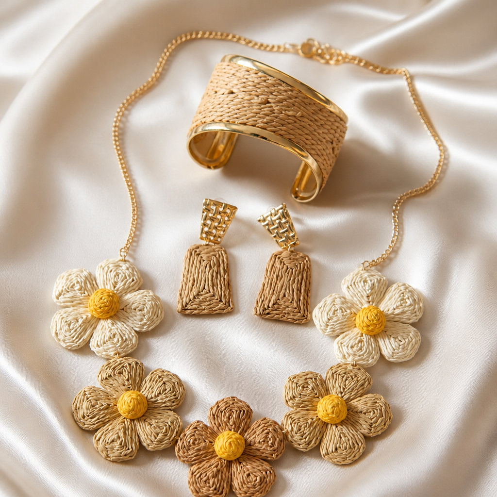 Ensemble Parure Bohème "Douceur Solaire" – Collier Floral, Bracelet Jonc & Boucles d'Oreilles
