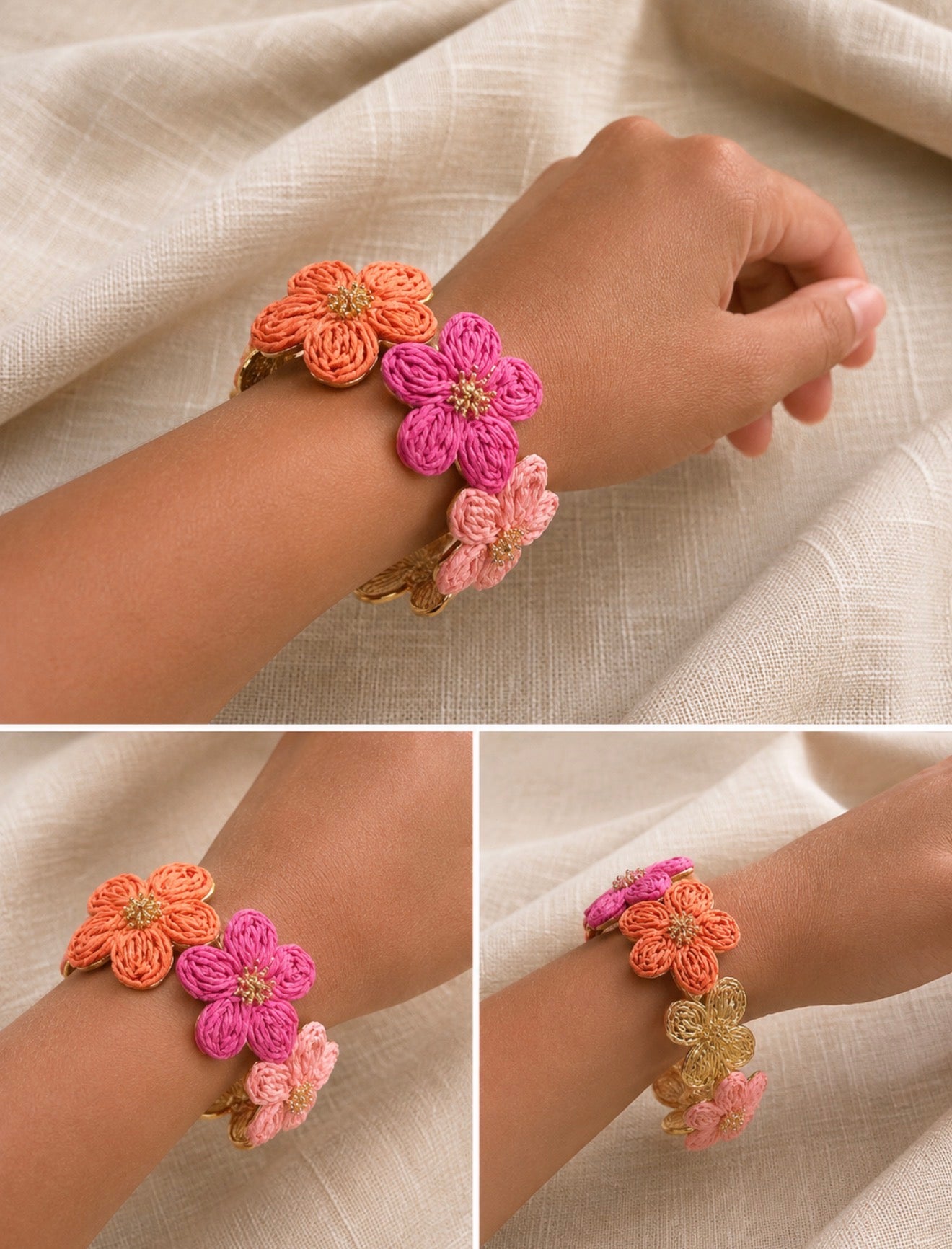 Bracelet Jonc Manchette Fleurs en Raphia Multicolore et Or – Style Bohème Floral