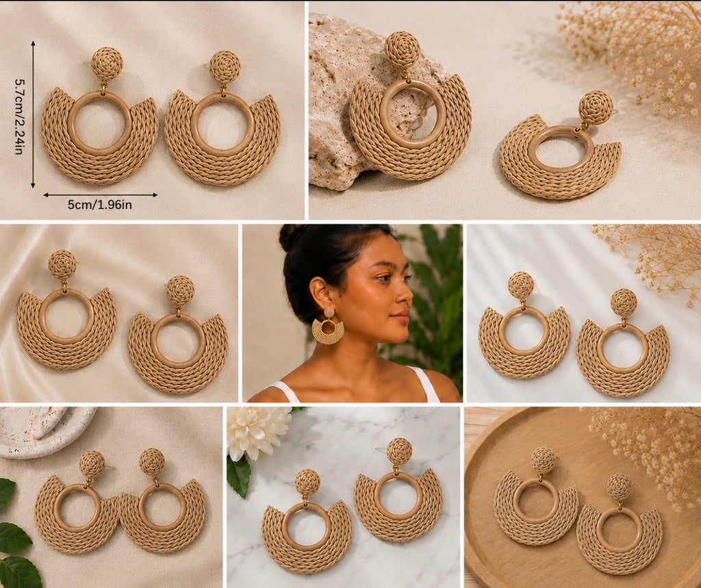 Boucles d'oreilles pendantes "Aura" en raphia tressé et finitions dorées