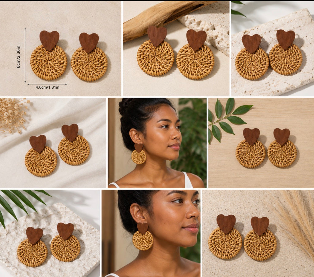 Boucles d'Oreilles "Esmée" en Rotin Tressé et Cœur Bois – Style Bohème