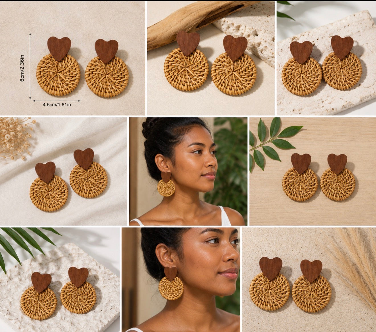 Boucles d'Oreilles "Esmée" en Rotin Tressé et Cœur Bois – Style Bohème