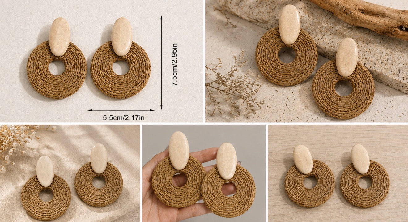 Grandes Boucles d'Oreilles Rondes Vintage – Éclat Raphia & Naturel