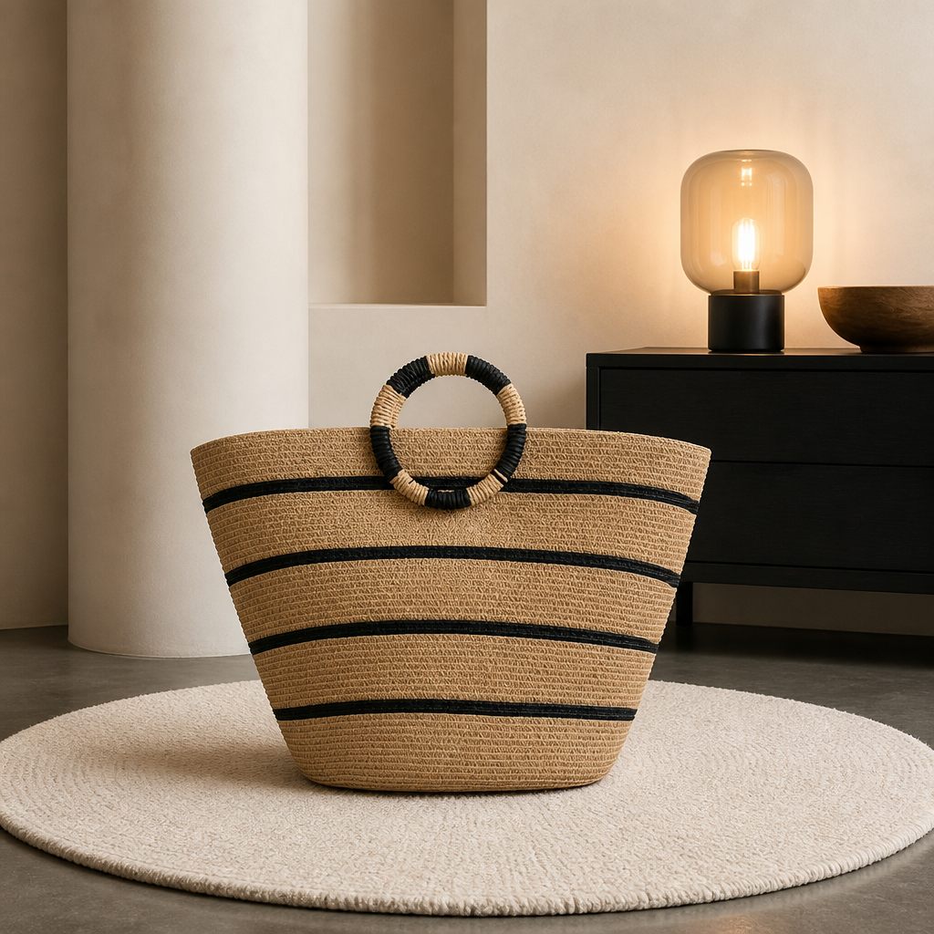 Grand Sac Cabas de Plage Graphique – Anses Rondes & Rayures Marines