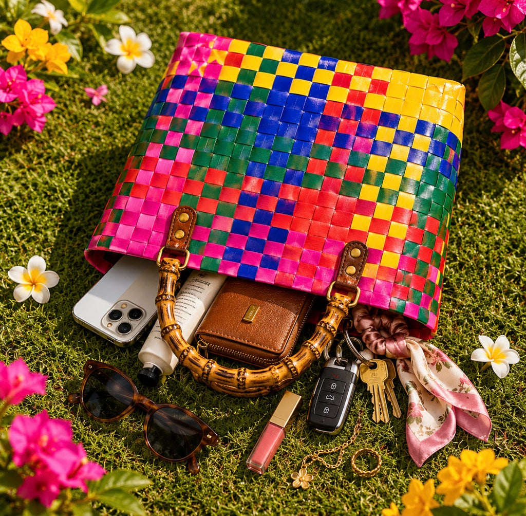 Grand Cabas Tressé Multicolore « Exotique Chic » – Anses en Bambou