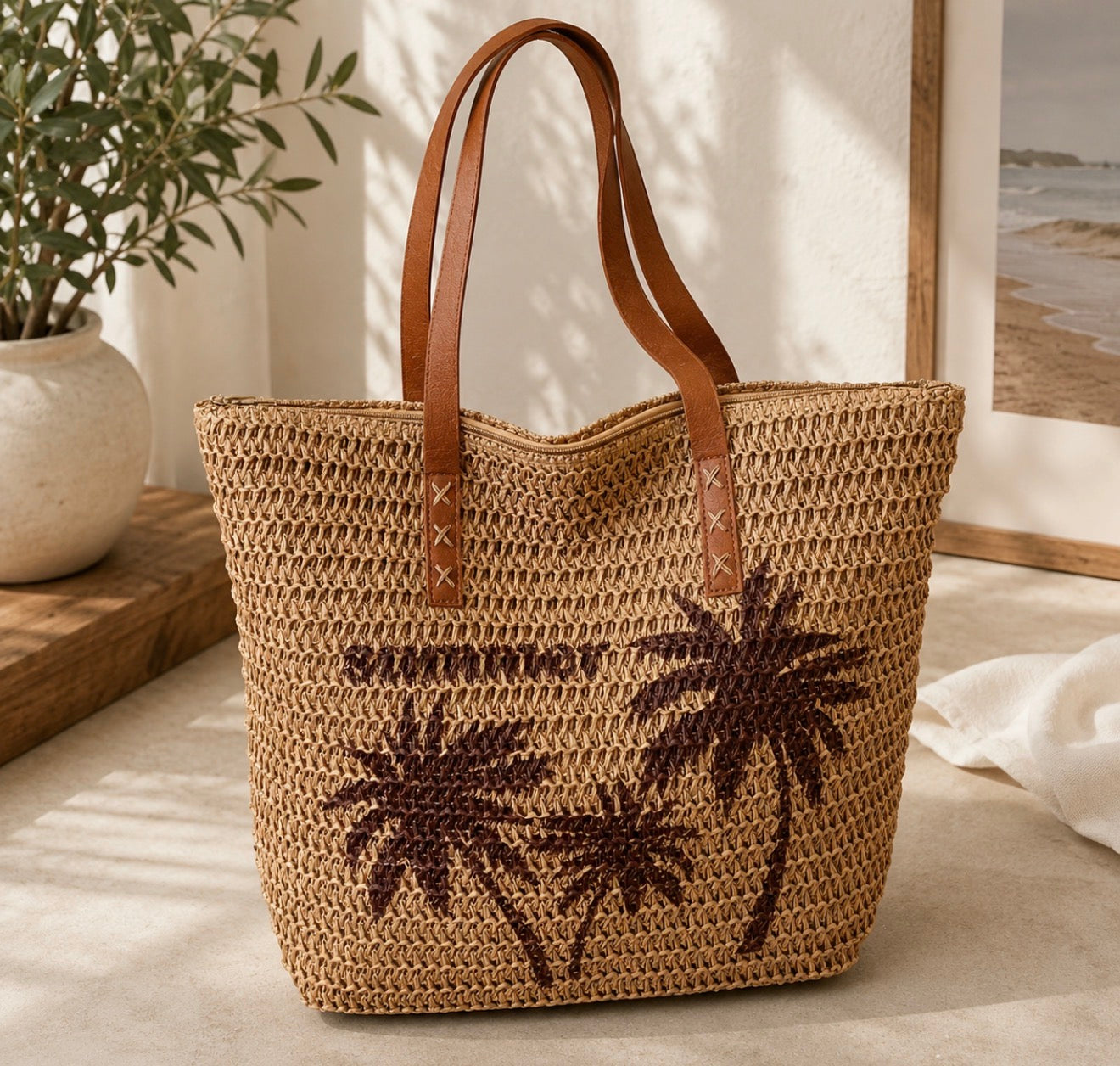 Grand Sac Cabas Tressé "Summer Palms" – Style Bohème Chic