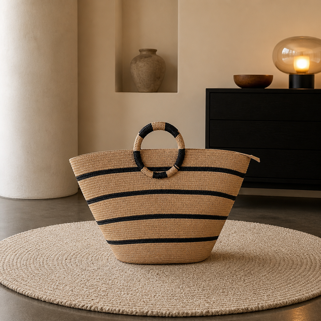 Grand Sac Cabas de Plage Graphique – Anses Rondes & Rayures Marines