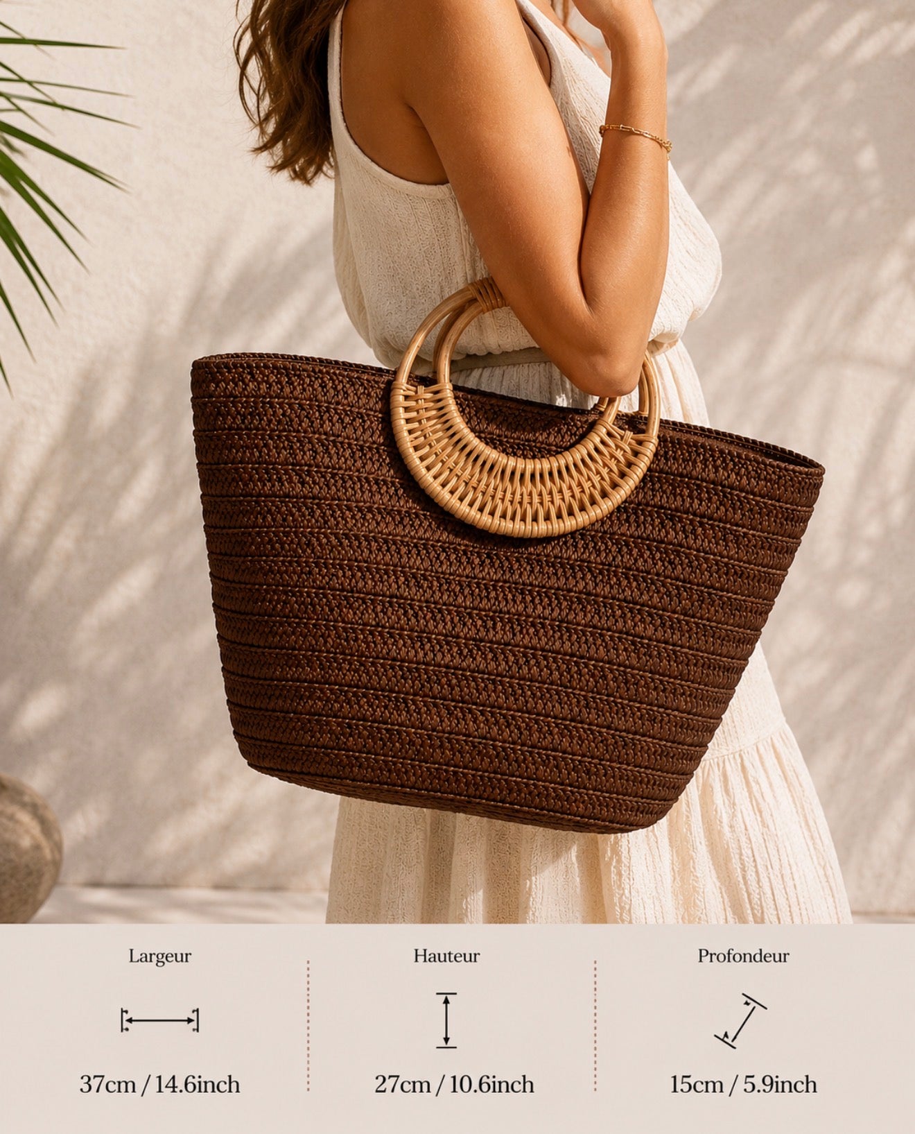 Sac Panier en Paille Tressée Chocolat – Anses Sculpturales en Rotin