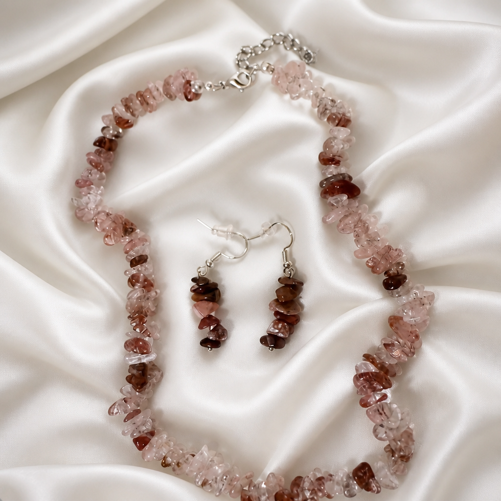 Parure Collier et Boucles d'Oreilles en Pierres Naturelles Bleu Nuit et marrons multicolores, verte d’agate.