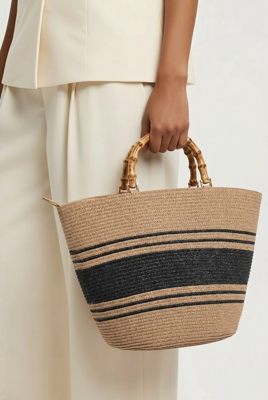 Sac Cabas de Plage Bohème Chic – Anses Effet Bambou & Rayures Noires