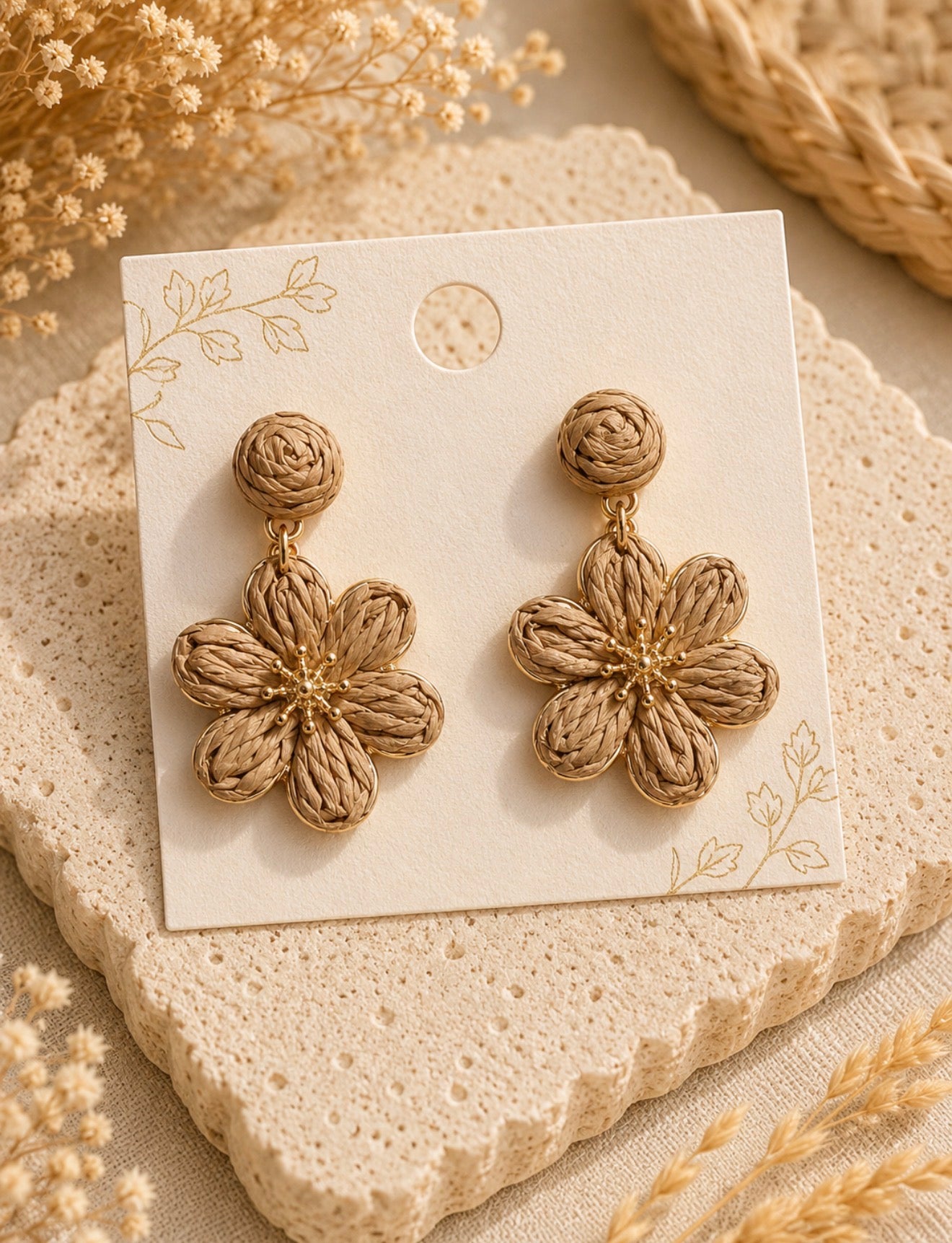Boucles d'Oreilles Pendantes Fleurs en Raphia Tressé et Cœur Doré – Style Bohème Chic