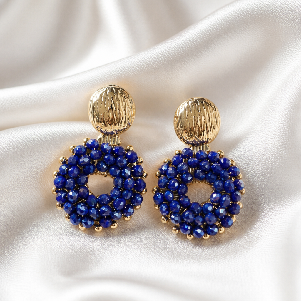 Boucles d'Oreilles Pendantes "Bleu Royal" en Cristal de Verre & Doré KC
