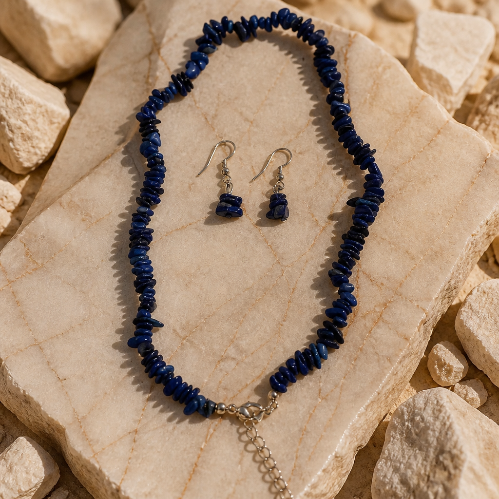 Parure Collier et Boucles d'Oreilles en Pierres Naturelles Bleu Nuit