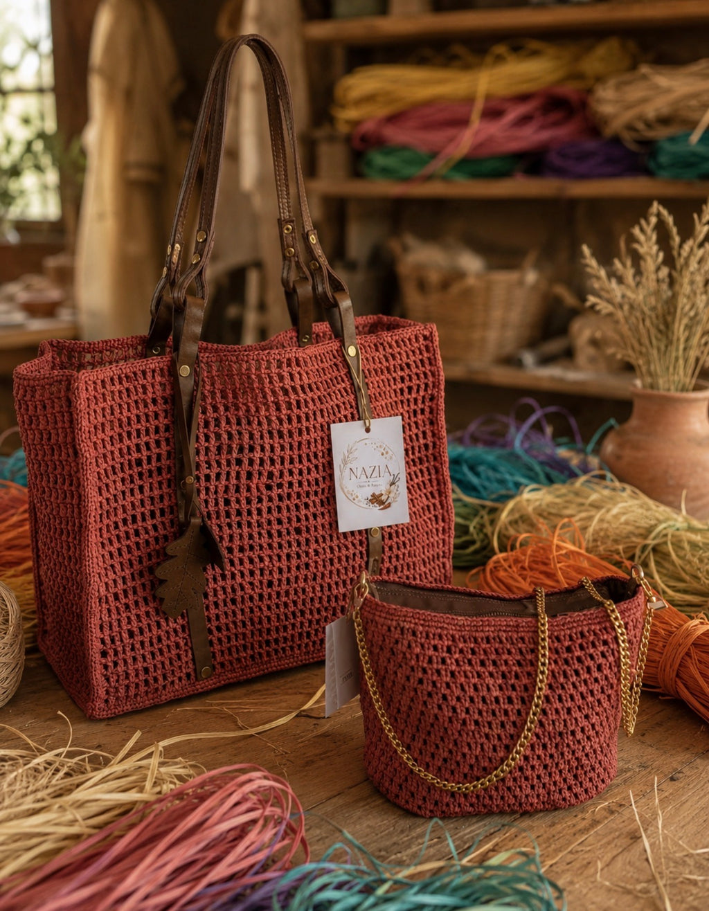 Sac Cabas Bohème Ajouré en Raphia Terracotta et Cuir - Fait Main Madagascar