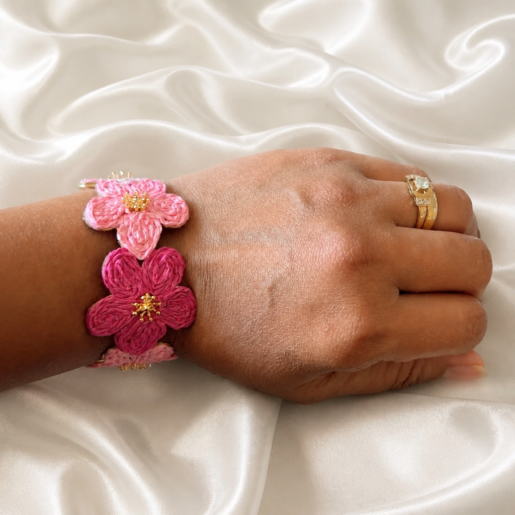 Parure "Éclat Botanique" : Bracelet Manchette & Boucles d’oreilles Fleurs en Raphia Rose