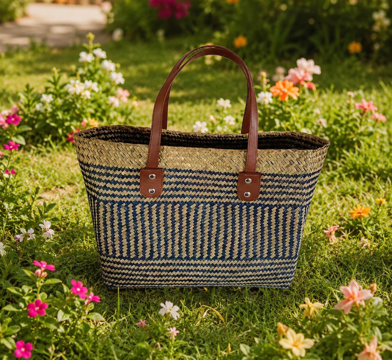 Grand Sac Cabas Bohème Chic – Tressage Bicolore & Anses Cuir