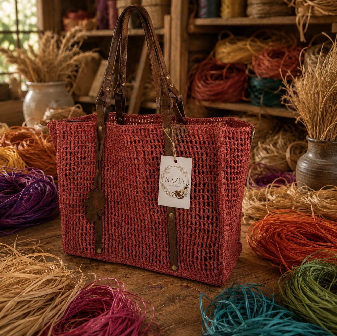 Sac Cabas Bohème Ajouré en Raphia Terracotta et Cuir - Fait Main Madagascar