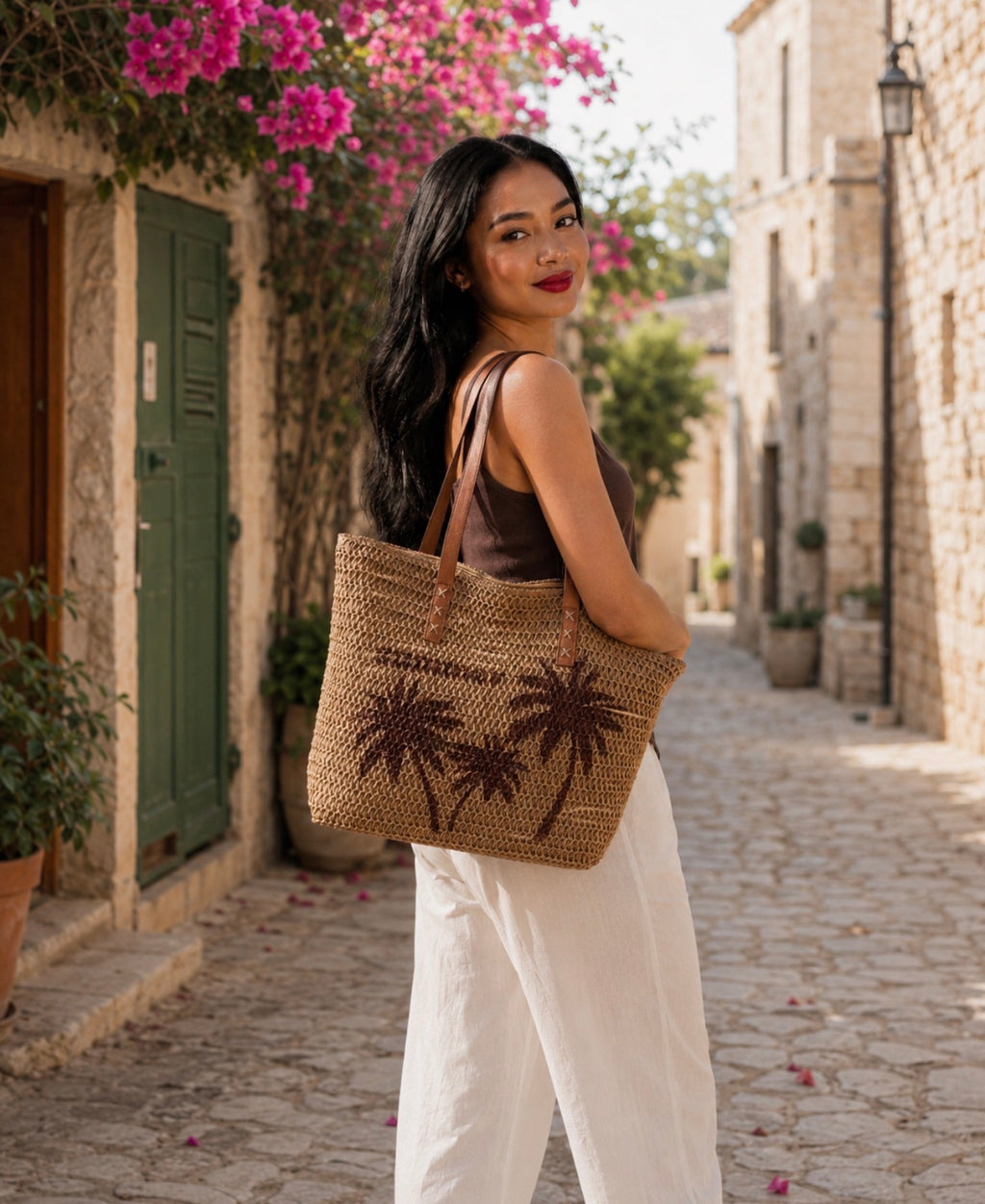 Grand Sac Cabas Tressé "Summer Palms" – Style Bohème Chic