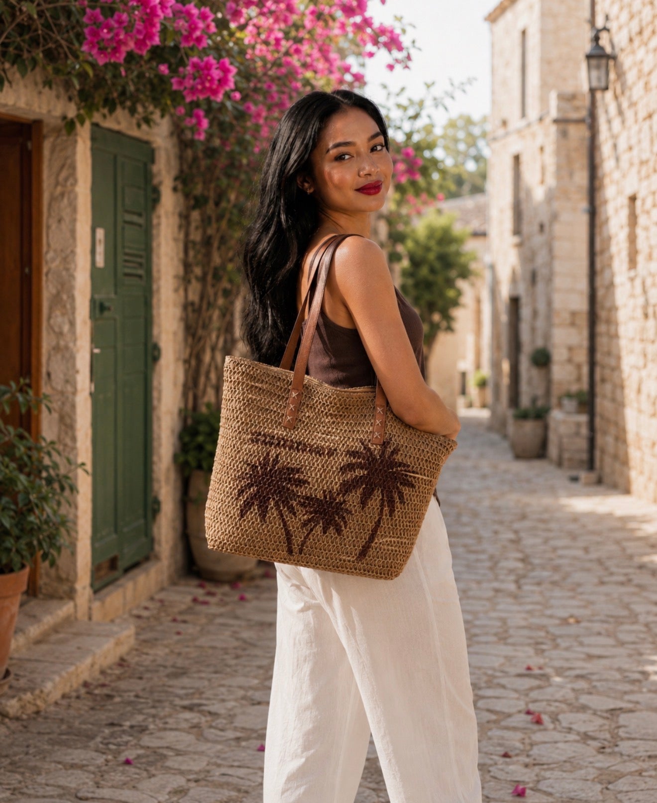 Grand Sac Cabas Tressé "Summer Palms" – Style Bohème Chic