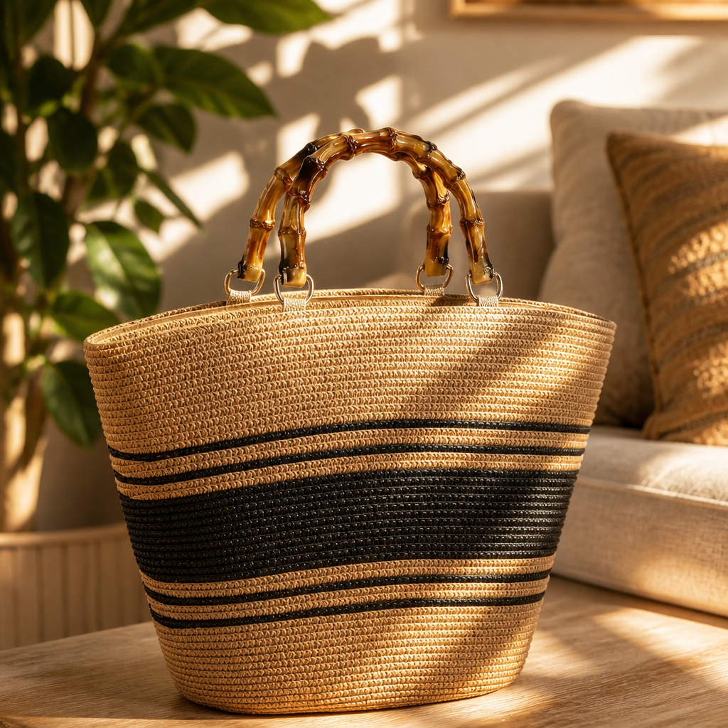 Sac Cabas de Plage Bohème Chic – Anses Effet Bambou & Rayures Noires