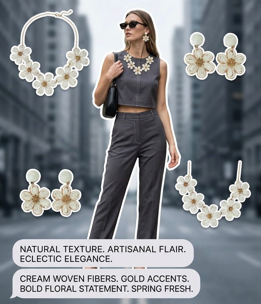 Parure Bohème Fleurs en Raphia Blanc Tissé Main – Collier Pendentif & Boucles d'Oreilles Assorties