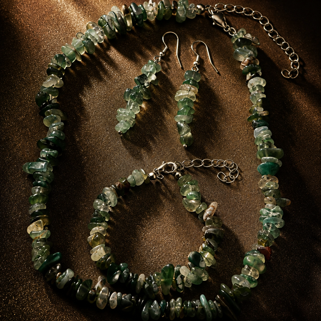 Parure Collier et Boucles d'Oreilles en Pierres Naturelles Bleu Nuit et marrons multicolores, verte d’agate.