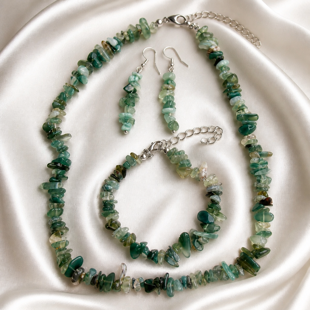 Parure Collier et Boucles d'Oreilles en Pierres Naturelles Bleu Nuit et marrons multicolores, verte d’agate.